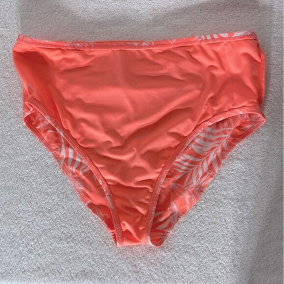 5/$25 Women’s Neon Coral White Tropical Print High Waist Bikini Bottoms L - Picture 5 of 9